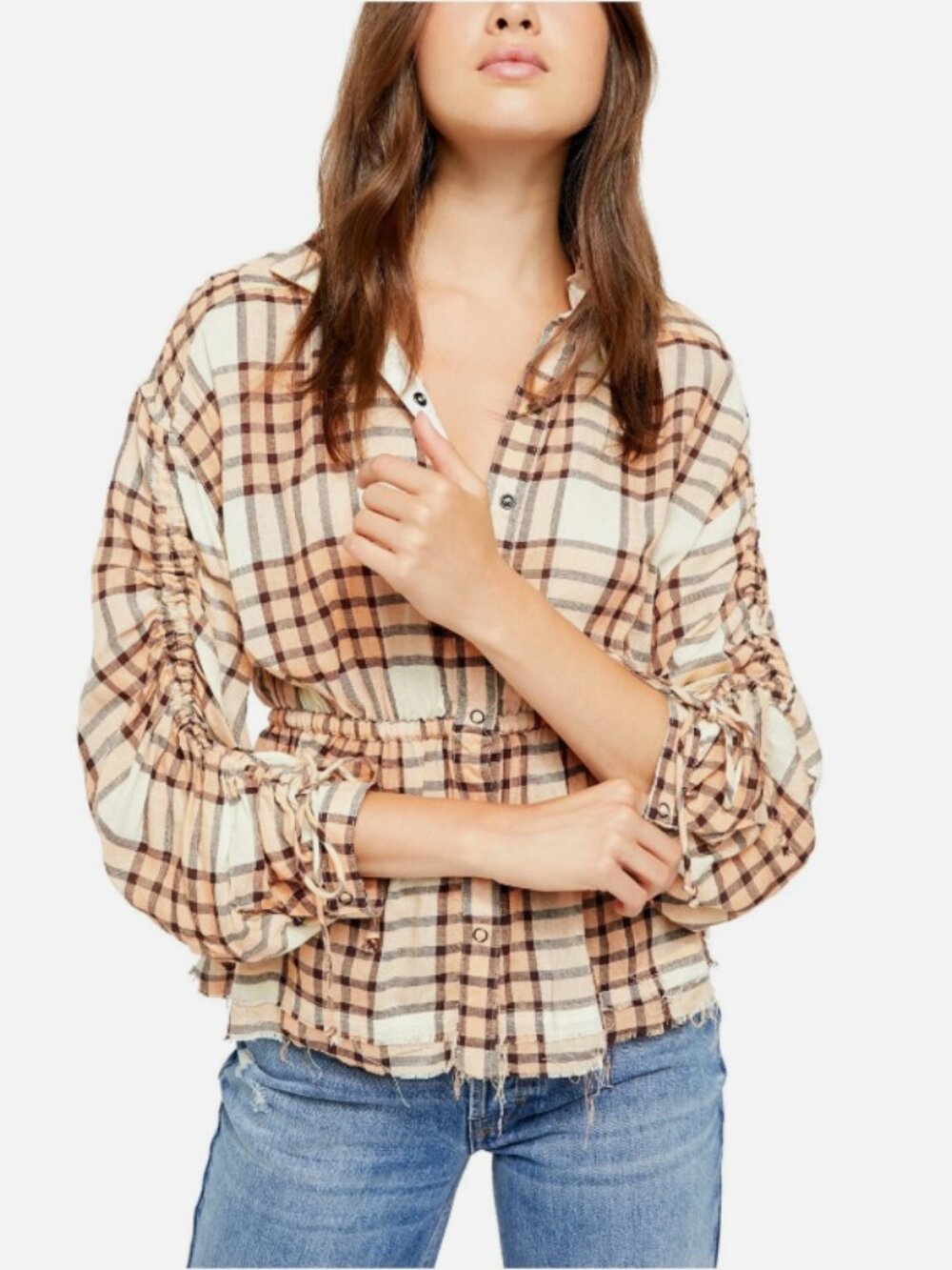 Free People Pacific Dawn Cinch Waist Snap Button Blouse Peach Tree Plaid - M